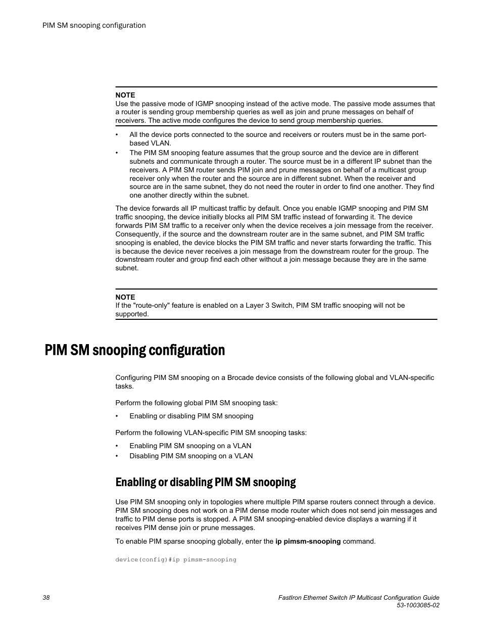 Pim sm snooping configuration, Enabling or disabling pim sm snooping | Brocade FastIron Ethernet Switch IP Multicast Configuration Guide User Manual | Page 40 / 230