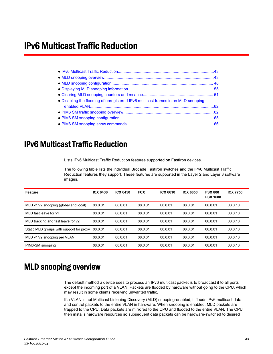 Ipv6 multicast traffic reduction, Mld snooping overview | Brocade FastIron Ethernet Switch IP Multicast Configuration Guide User Manual | Page 45 / 230