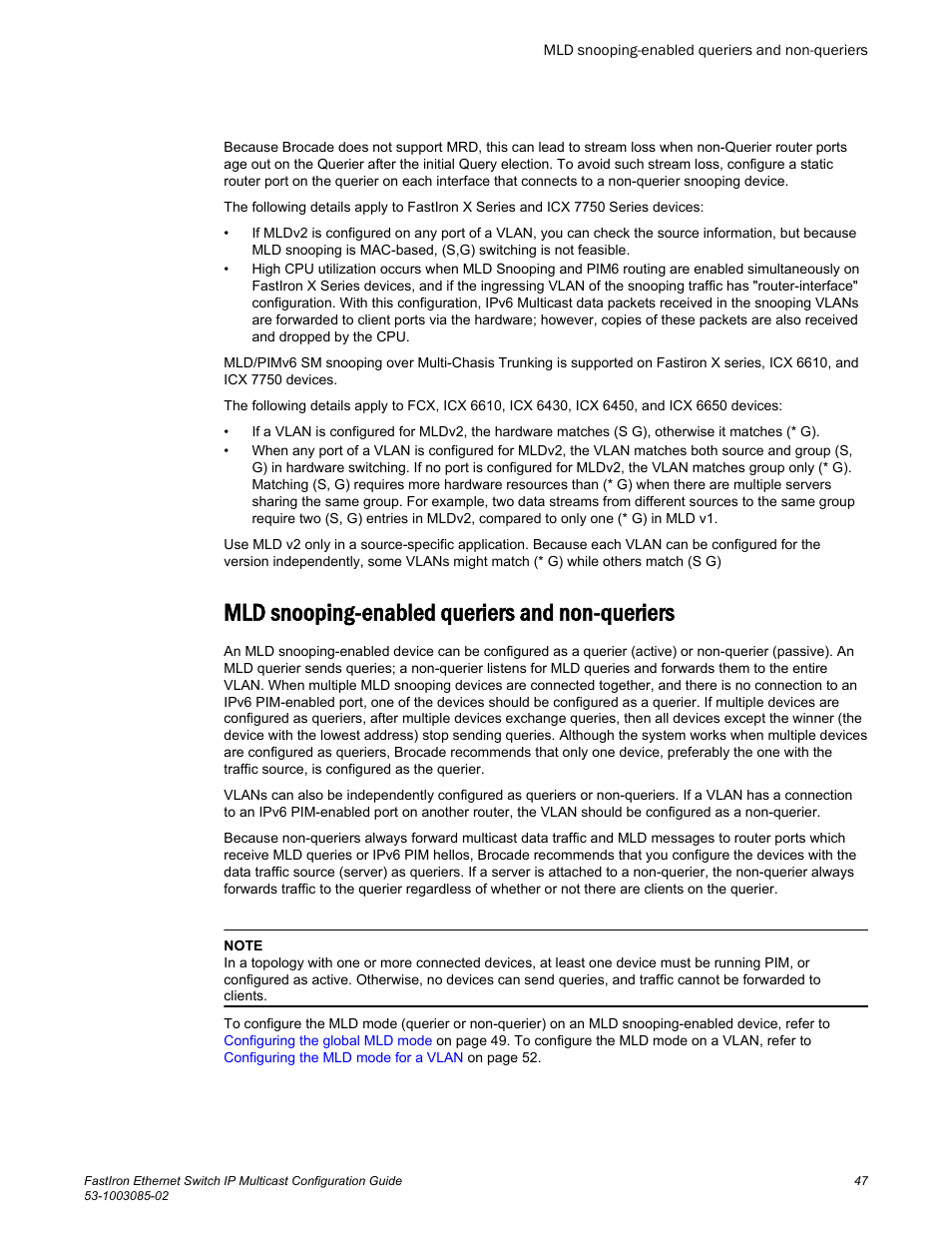 Mld snooping-enabled queriers and non-queriers | Brocade FastIron Ethernet Switch IP Multicast Configuration Guide User Manual | Page 49 / 230
