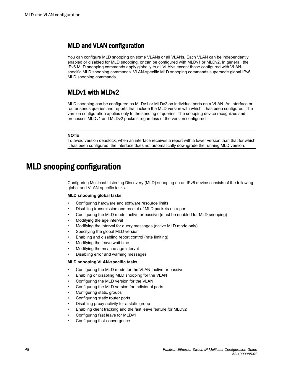 Mld and vlan configuration, Mldv1 with mldv2, Mld snooping configuration | Mld and vlan configuration mldv1 with mldv2 | Brocade FastIron Ethernet Switch IP Multicast Configuration Guide User Manual | Page 50 / 230