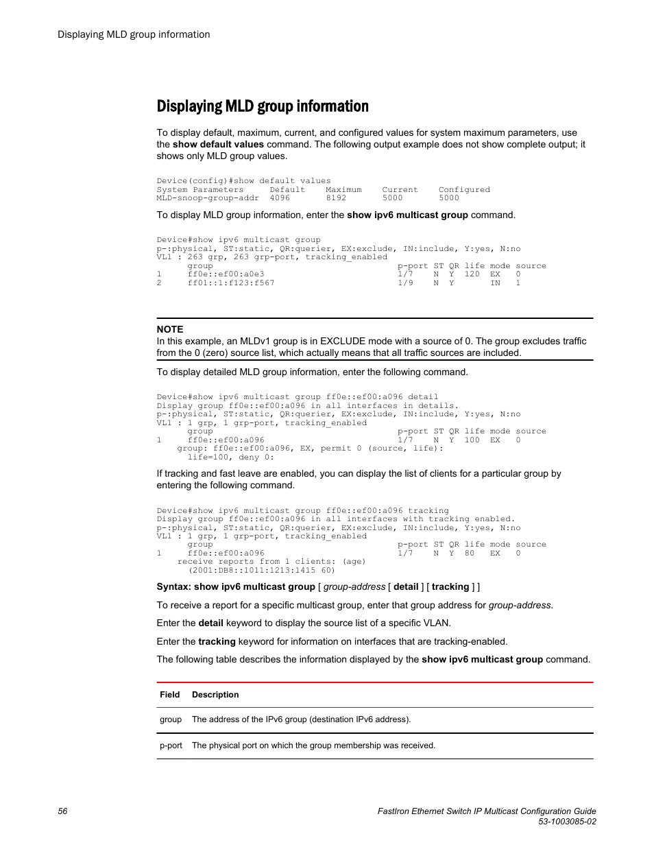 Displaying mld group information | Brocade FastIron Ethernet Switch IP Multicast Configuration Guide User Manual | Page 58 / 230