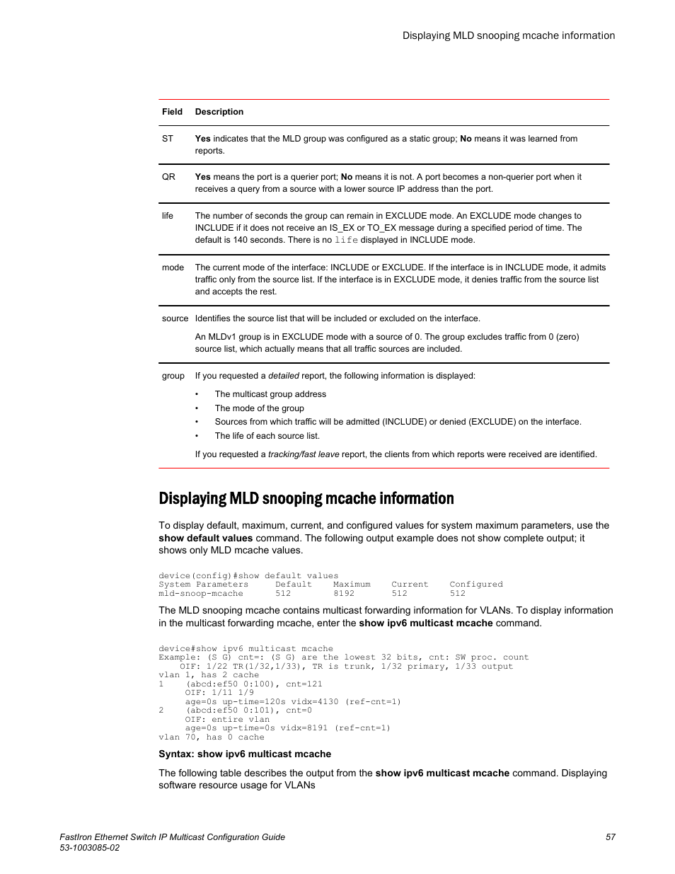 Displaying mld snooping mcache information | Brocade FastIron Ethernet Switch IP Multicast Configuration Guide User Manual | Page 59 / 230