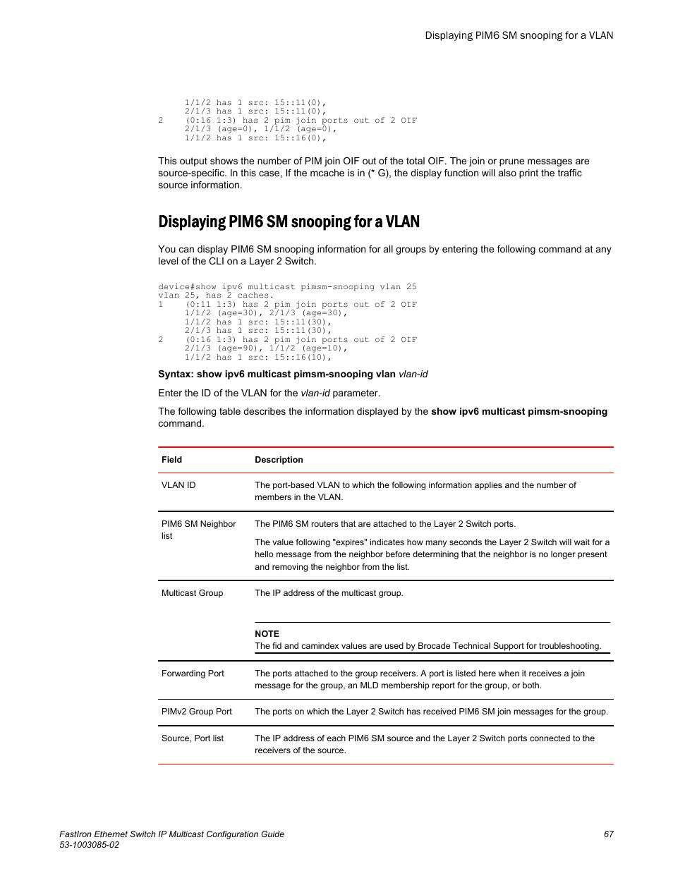 Displaying pim6 sm snooping for a vlan | Brocade FastIron Ethernet Switch IP Multicast Configuration Guide User Manual | Page 69 / 230