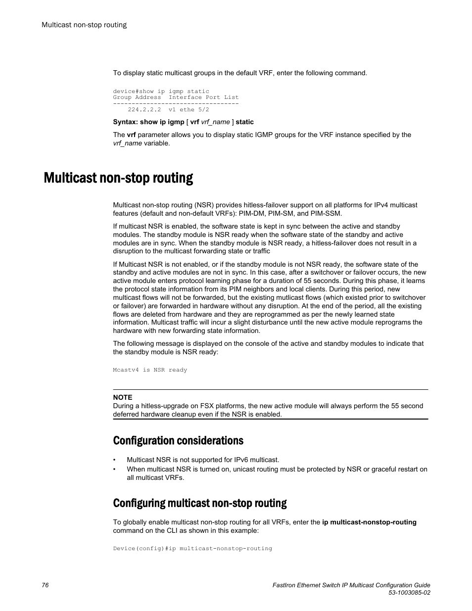 Multicast non-stop routing, Configuration considerations, Configuring multicast non-stop routing | Brocade FastIron Ethernet Switch IP Multicast Configuration Guide User Manual | Page 78 / 230