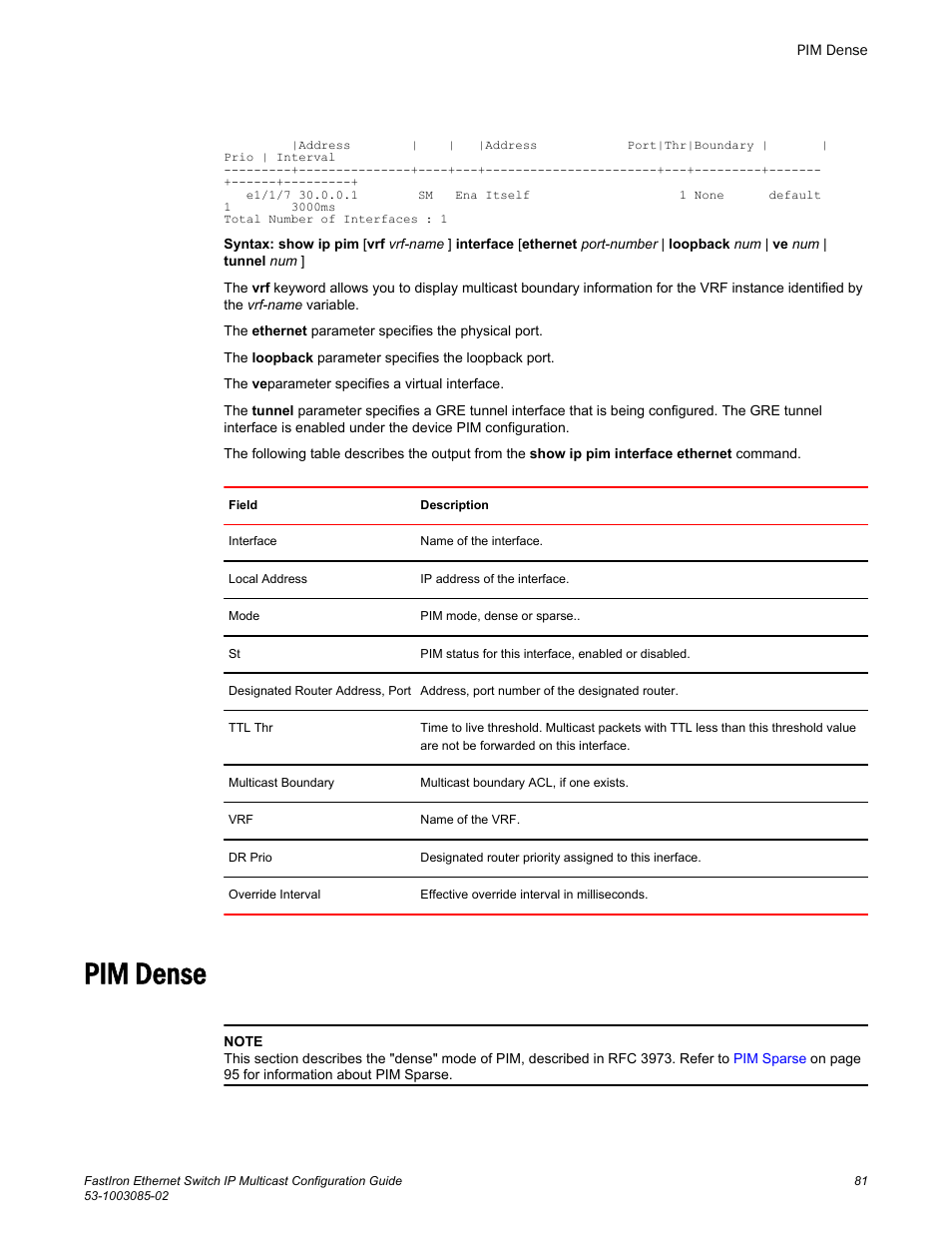 Pim dense | Brocade FastIron Ethernet Switch IP Multicast Configuration Guide User Manual | Page 83 / 230