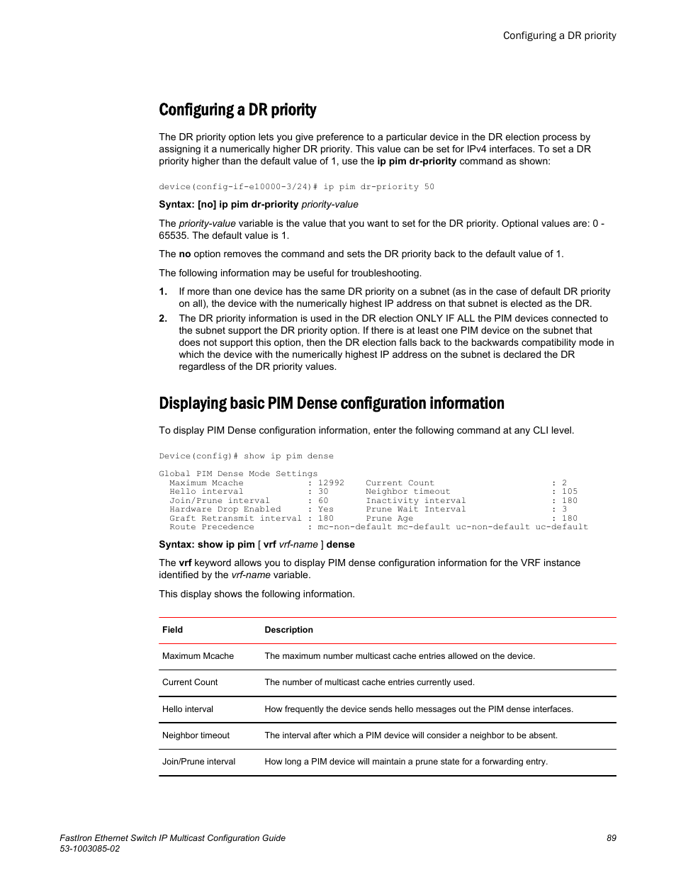 Configuring a dr priority | Brocade FastIron Ethernet Switch IP Multicast Configuration Guide User Manual | Page 91 / 230