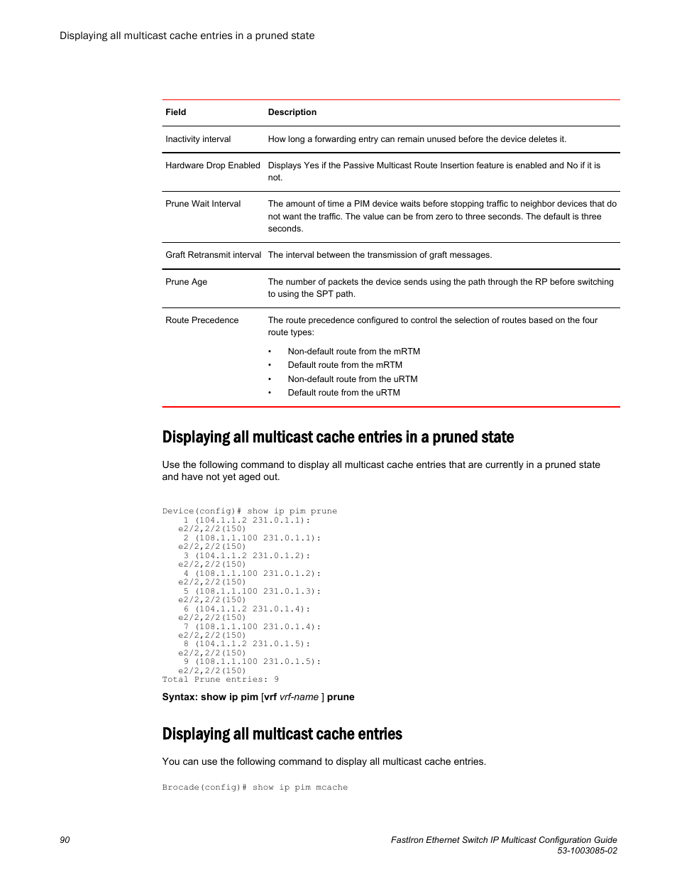 Displaying all multicast cache entries | Brocade FastIron Ethernet Switch IP Multicast Configuration Guide User Manual | Page 92 / 230