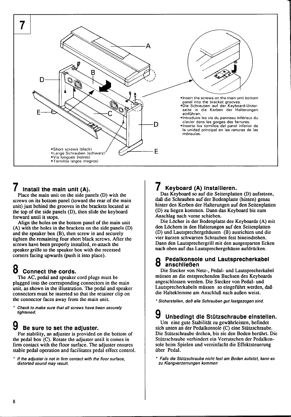 I install the main unit (a), 8 connect the cords, 9 be sure to set the adjuster | I keyboard (a) installieren, V unbedingt die stützschraube elnstellen | Yamaha CLP-760 User Manual | Page 10 / 27