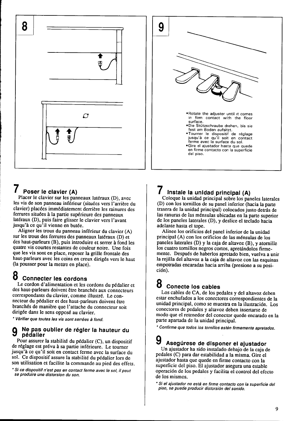 Poser le clavier (a), Connecter les cordons, I instale la unidad principal (a) | Conecte los cables, 9 asegúrese de disponer el ajustador | Yamaha CLP-760 User Manual | Page 11 / 27