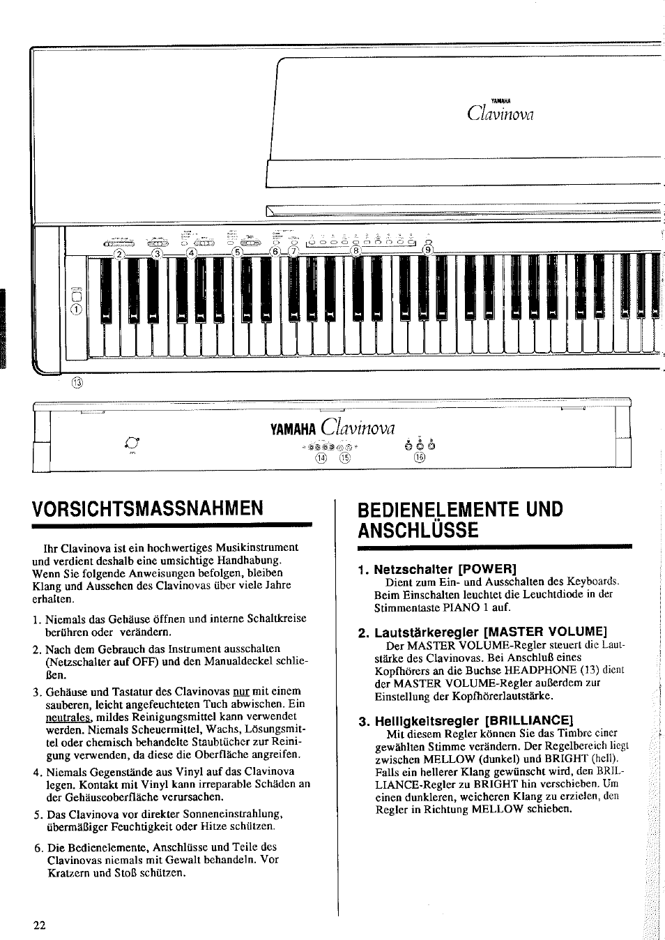 Vorsichtsmassnahmen, Bedienelemente und anschlüsse, Netzschalter [power | Lautstärkeregler [master volume, Helligkeitsregler [brilliance, Yamaha | Yamaha CLP-760 User Manual | Page 12 / 27