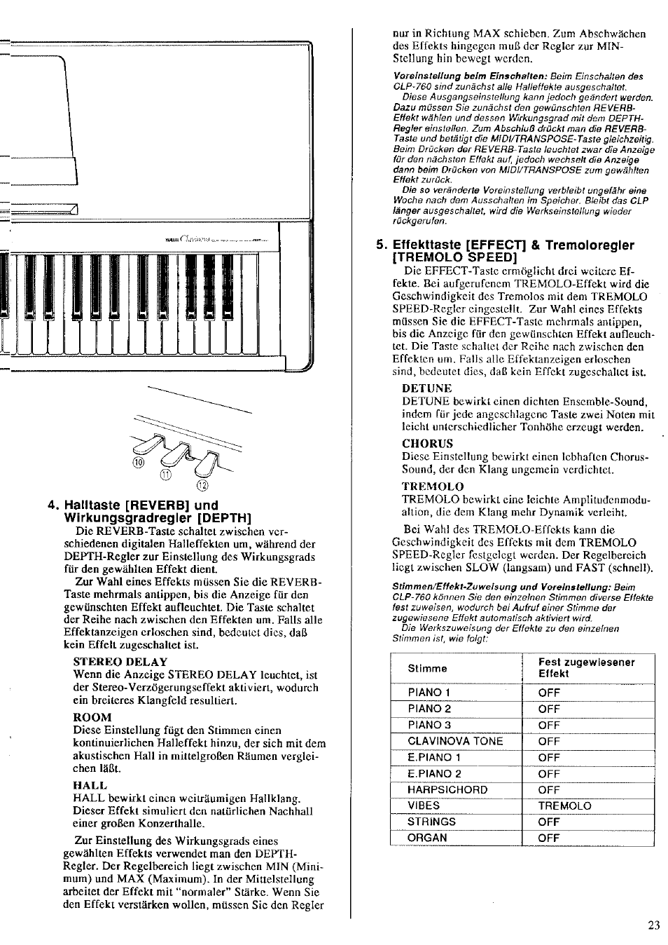 Hailtaste [reverb] und wirkungsgradregler [depth, Effekttaste [effect] & tremoloregler, Tremolo speed | Yamaha CLP-760 User Manual | Page 13 / 27