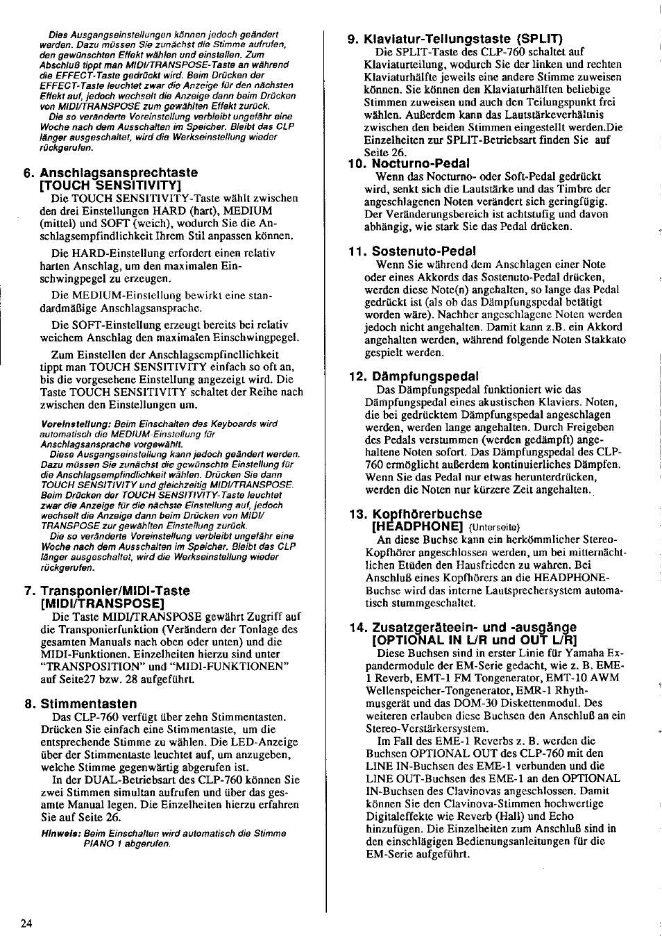 Anschlagsansprechtaste [touch sensitivity, Transponler/midi-taste [midi/transpose, Stimmentasten | Klaviatur-teilungstaste (split), Nocturno-pedal, Sostenuto-pedal, Dämpfungspedai, Kopfhörerbuchse | Yamaha CLP-760 User Manual | Page 14 / 27