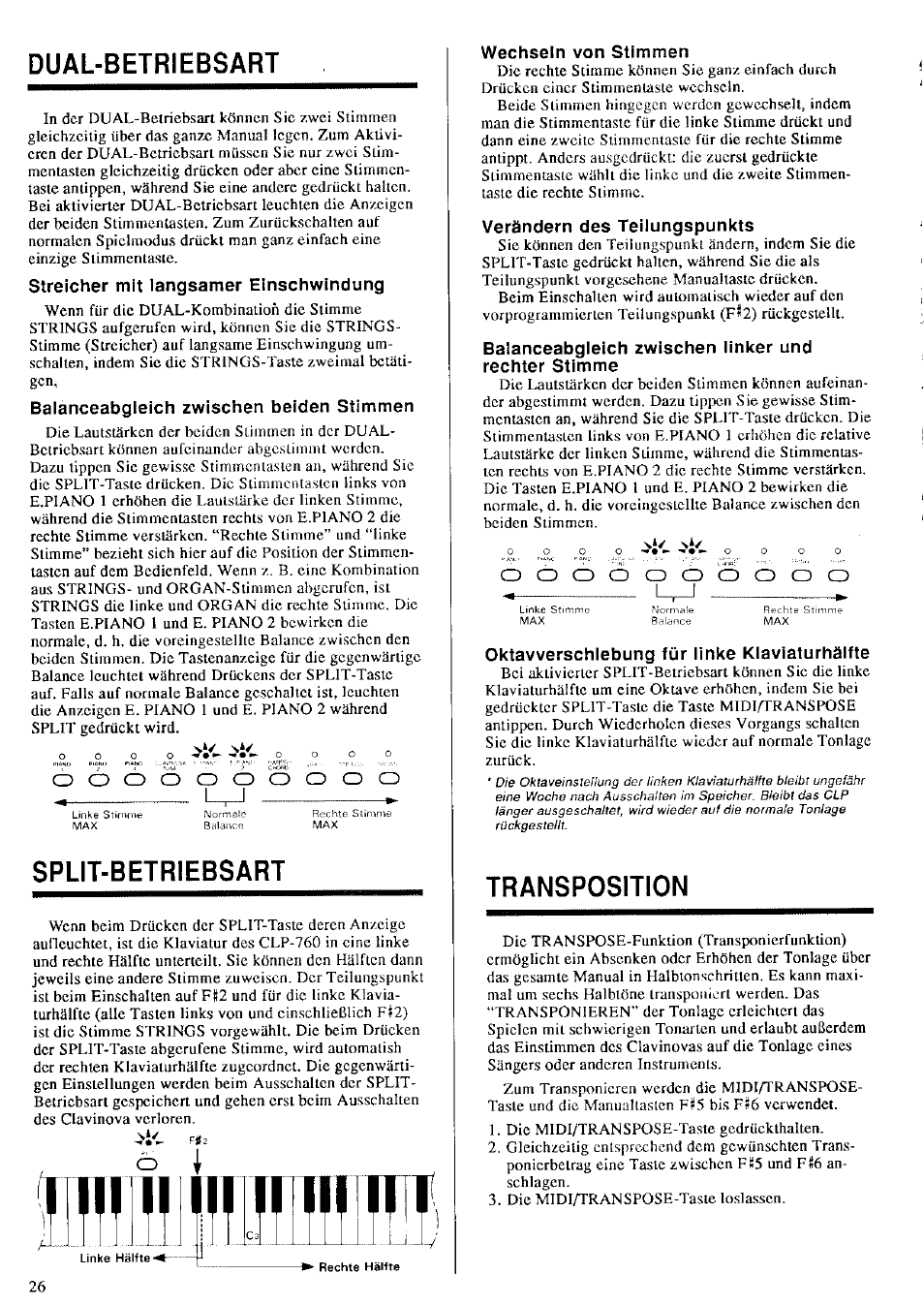 Dual-betriebsart, Streicher mit langsamer einschwindung, Balanceabgleich zwischen beiden stimmen | Split-betriebsart, Wechseln von stimmen, Verändern des teilungspunkts, Balanceabgleich zwischen linker und rechter stimme, Oktavverschiebung für linke klaviaturhälfte, Streicher mit langsamer einschwingung, Verändern des teilungspunkt | Yamaha CLP-760 User Manual | Page 16 / 27