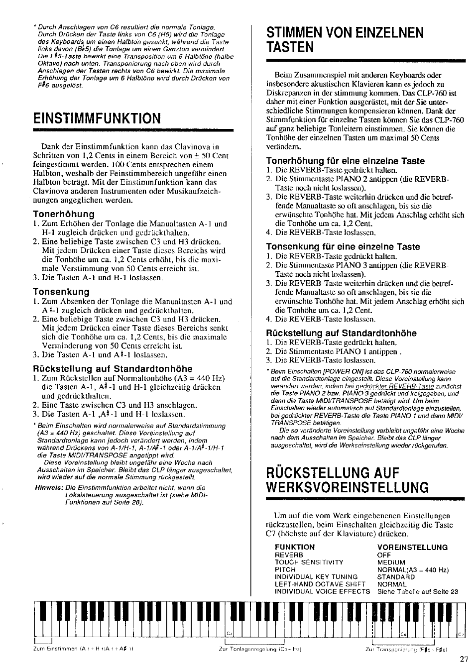 Einstimmfunktion, Tonerhöhung, Tonsenkung | Rückstellung auf standardtonhöhe, Iii ii iii ii iii, Stimmen von einzelnen tasten, Tonerhöhung für eine einzelne taste, Tonsenkung für eine einzelne taste, Rückstellung auf werksvoreinstellung, Iiiiiümiiiim | Yamaha CLP-760 User Manual | Page 17 / 27