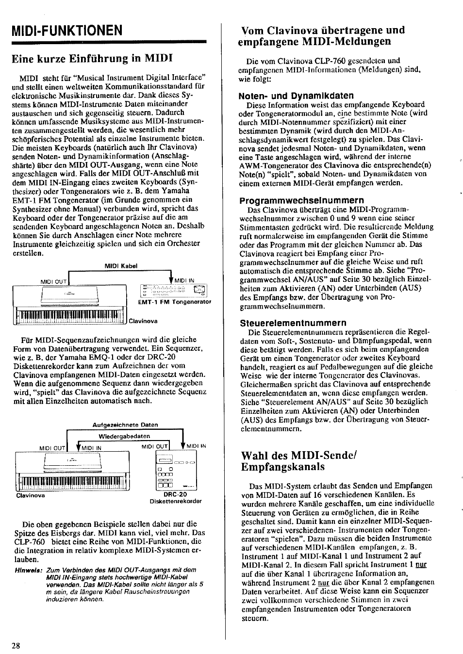 Midi-funktionen, Noten- und dynamikdaten, Programmwechseinummern | Steuerelementnummern, Eine kurze einführung in midi, Wahl des midi-sende/ empfangskanals | Yamaha CLP-760 User Manual | Page 18 / 27