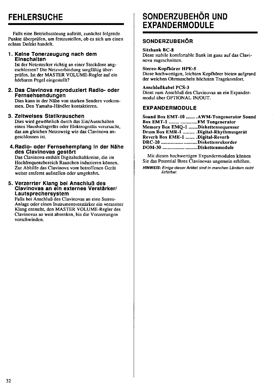 Fehlersuche, Sonderzubehör und expandermodule | Yamaha CLP-760 User Manual | Page 22 / 27