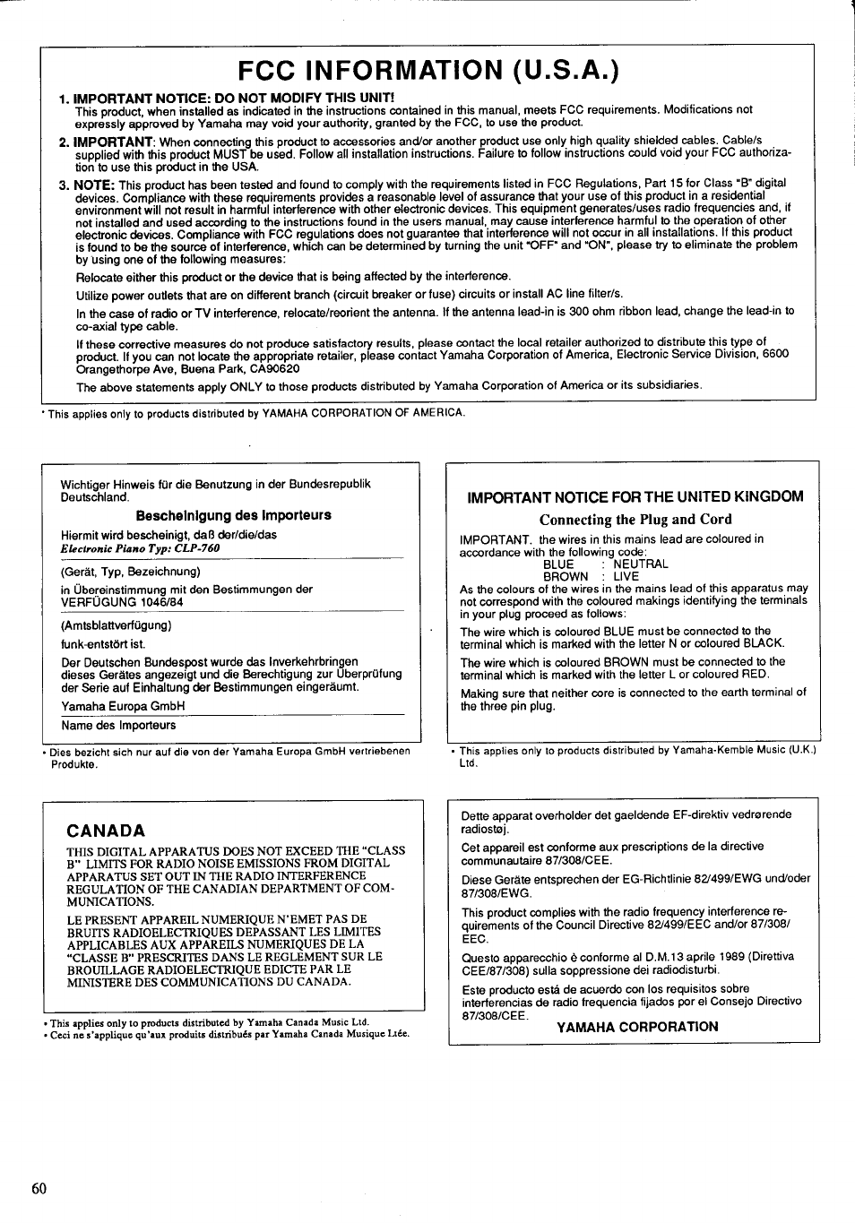 Fcc information (u.s.a.), Important notice for the united kingdom, Canada | Connecting the plug and cord | Yamaha CLP-760 User Manual | Page 26 / 27