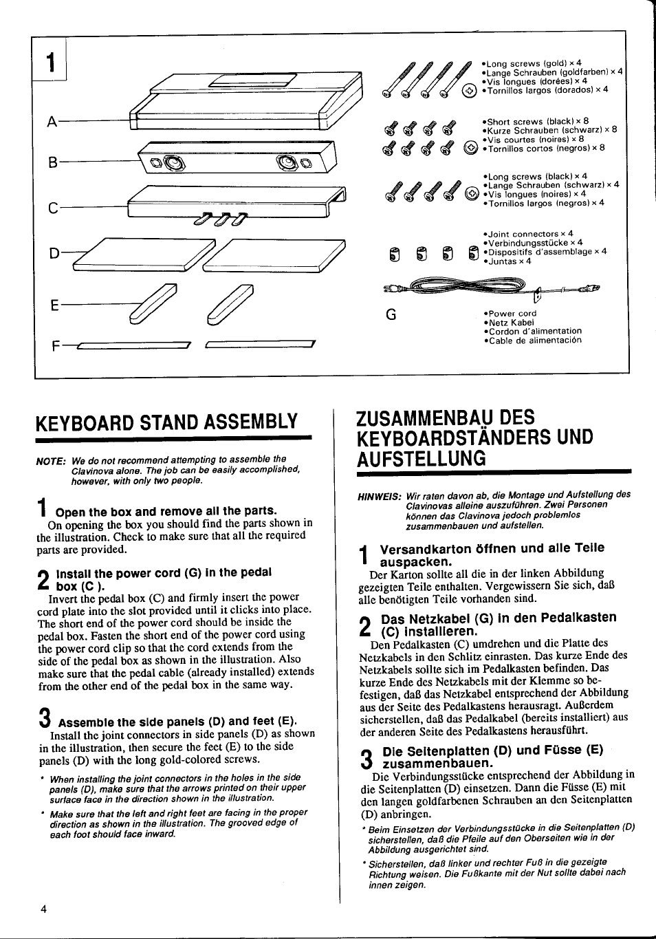 Keyboard stand assembly, Open the box and remove all the parts, O assemble the side panels (d) and feet (e) | Zusammenbau des keyboardständers und aufstellung | Yamaha CLP-760 User Manual | Page 6 / 27