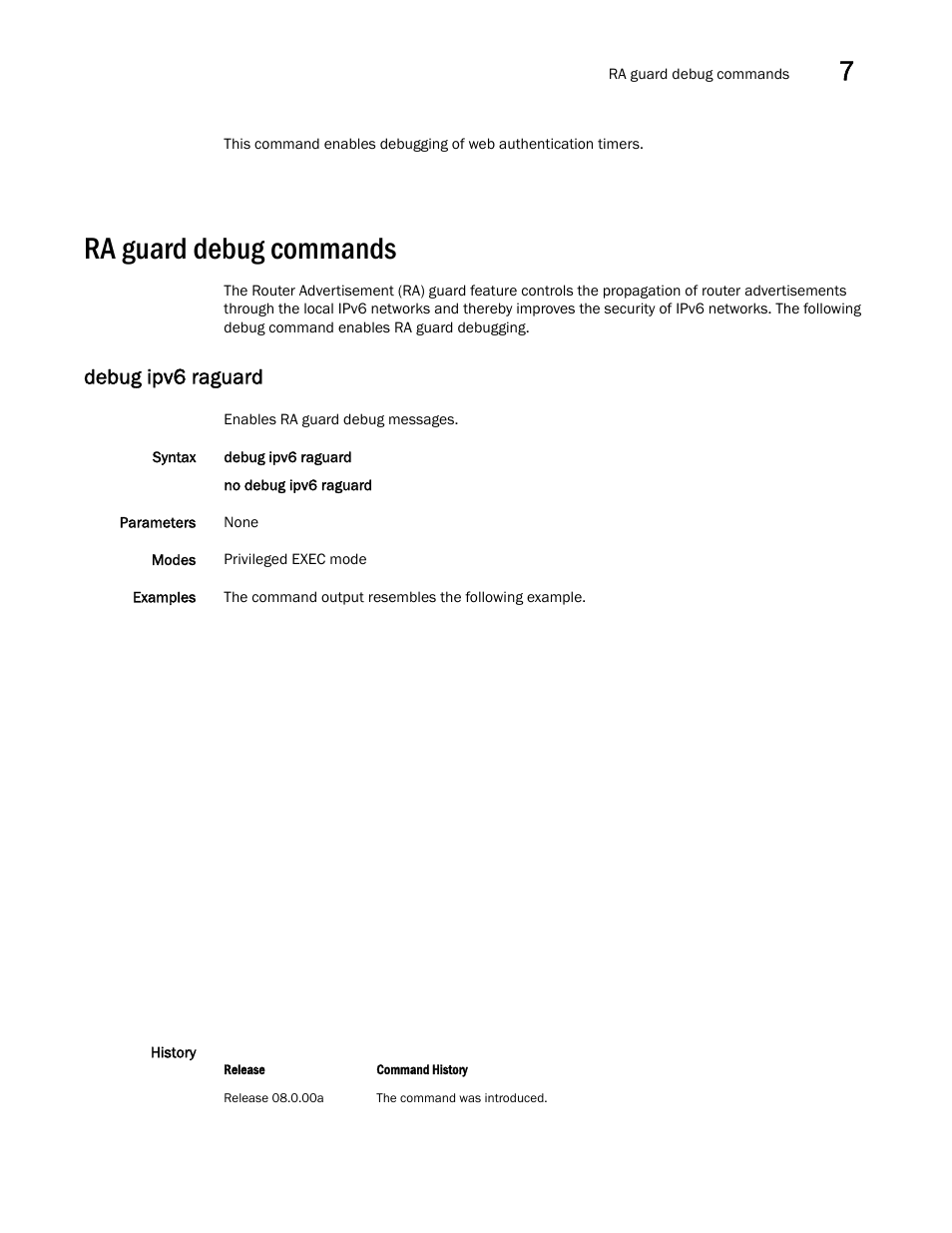 Ra guard debug commands, Debug ipv6 raguard | Brocade FastIron SX, FCX, and ICX Diagnostic Reference User Manual | Page 189 / 222