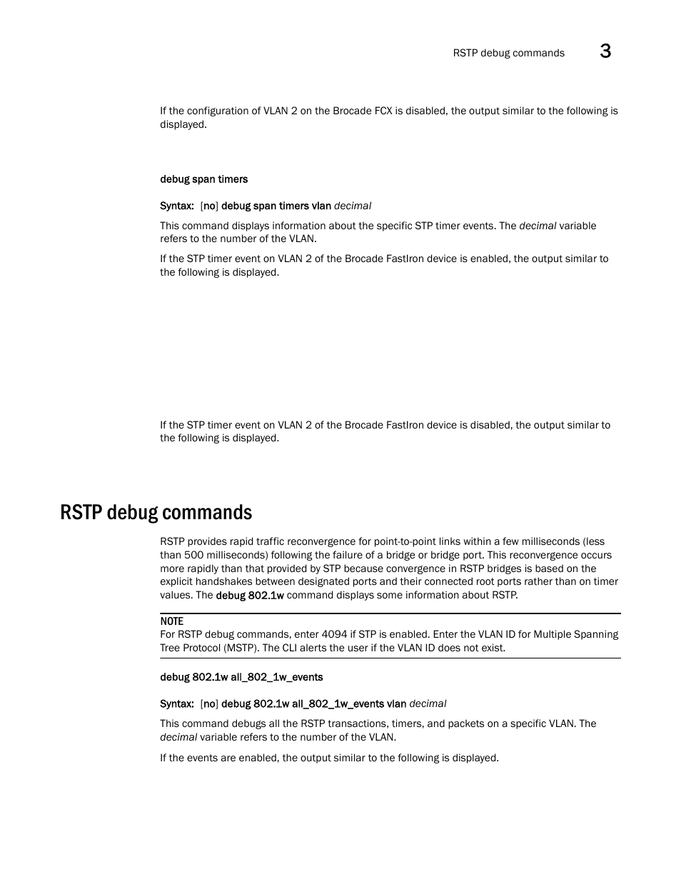 Rstp debug commands | Brocade FastIron SX, FCX, and ICX Diagnostic Reference User Manual | Page 27 / 222