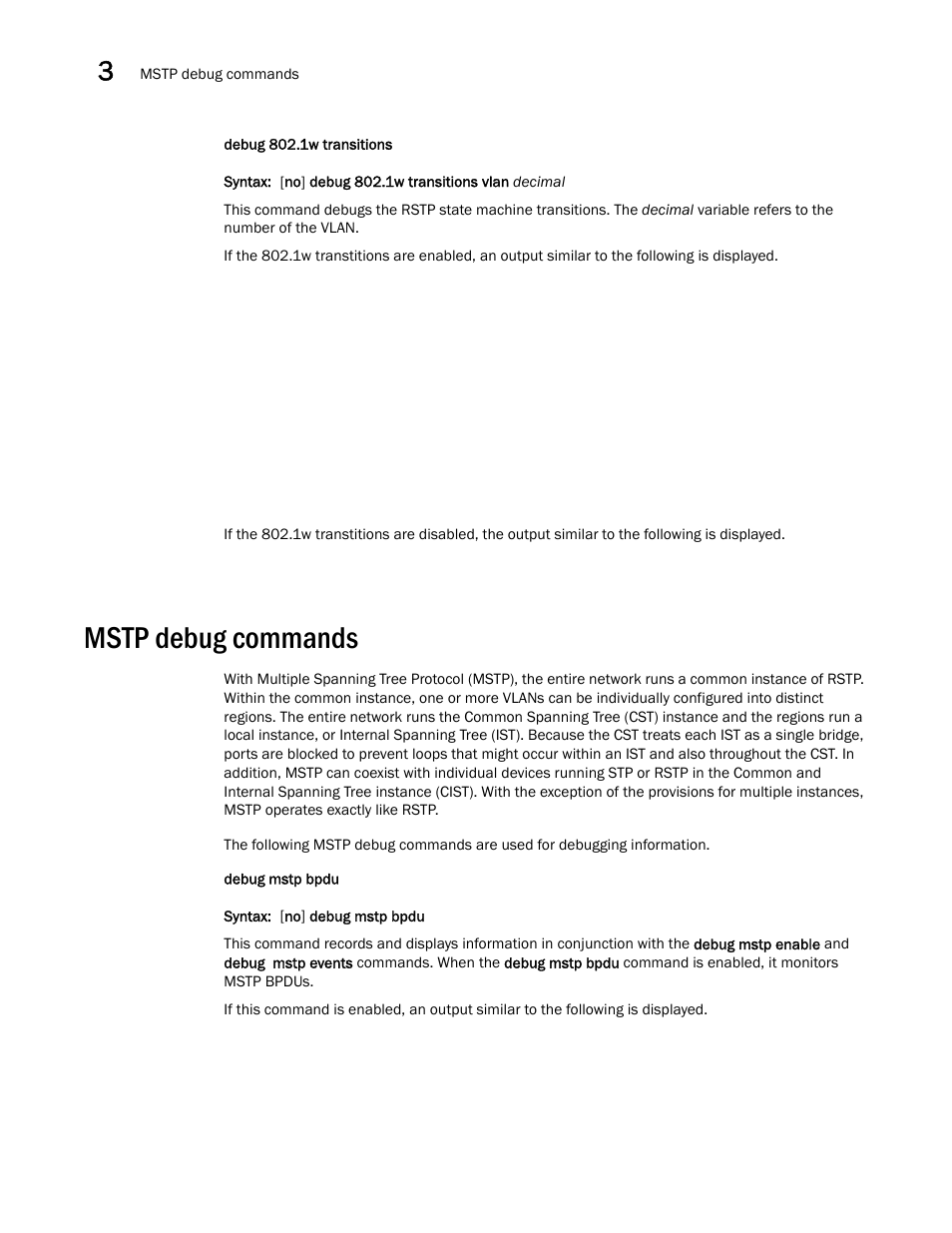 Mstp debug commands | Brocade FastIron SX, FCX, and ICX Diagnostic Reference User Manual | Page 30 / 222