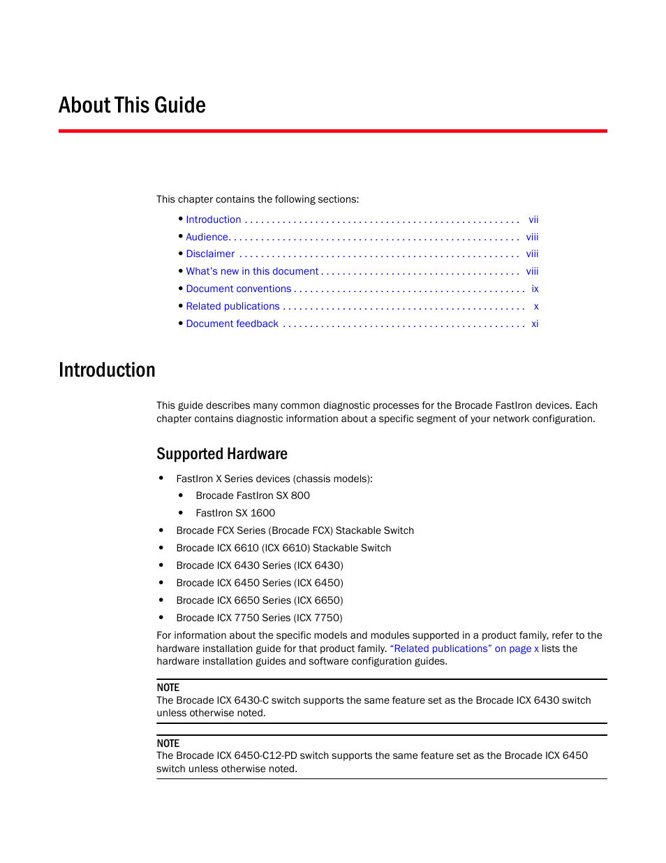 About this guide, Introduction, Supported hardware | Brocade FastIron SX, FCX, and ICX Diagnostic Reference User Manual | Page 7 / 222