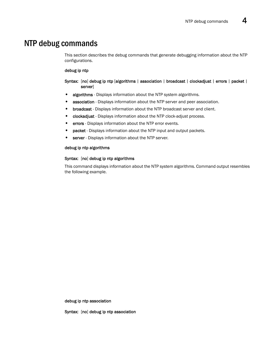 Ntp debug commands | Brocade FastIron SX, FCX, and ICX Diagnostic Reference User Manual | Page 87 / 222