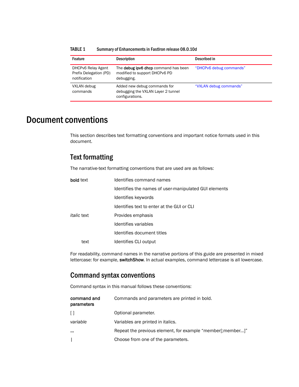 Document conventions, Text formatting, Command syntax conventions | Table 1 | Brocade FastIron SX, FCX, and ICX Diagnostic Reference User Manual | Page 9 / 222