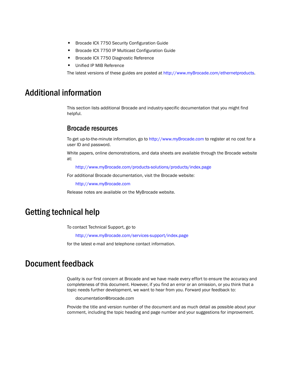 Additional information, Getting technical help, Document feedback | Brocade resources | Brocade ICX 7750 Hardware Installation Guide User Manual | Page 10 / 80