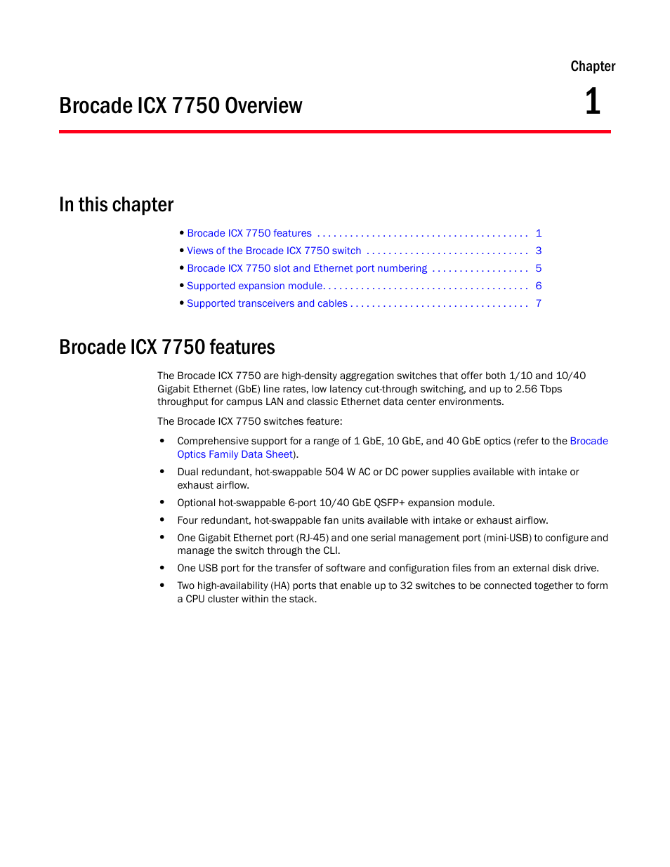 Brocade icx 7750 overview, In this chapter, Brocade icx 7750 features | Chapter 1, Chapter 1, “brocade icx 7750 overview | Brocade ICX 7750 Hardware Installation Guide User Manual | Page 11 / 80