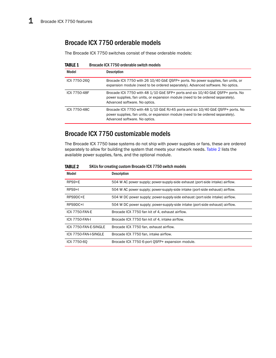 Brocade icx 7750 orderable models, Brocade icx 7750 customizable models | Brocade ICX 7750 Hardware Installation Guide User Manual | Page 12 / 80