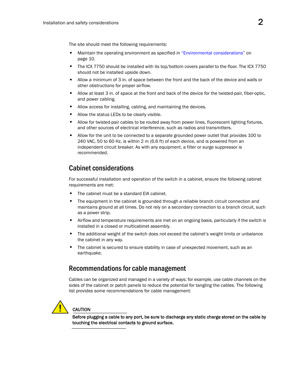 Cabinet considerations, Recommendations for cable management | Brocade ICX 7750 Hardware Installation Guide User Manual | Page 21 / 80