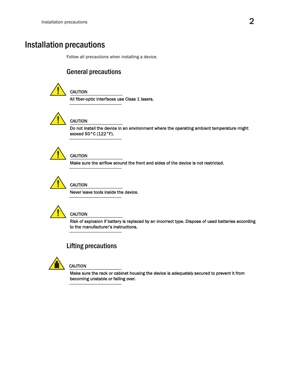 Installation precautions, General precautions, Lifting precautions | General precautions lifting precautions | Brocade ICX 7750 Hardware Installation Guide User Manual | Page 23 / 80