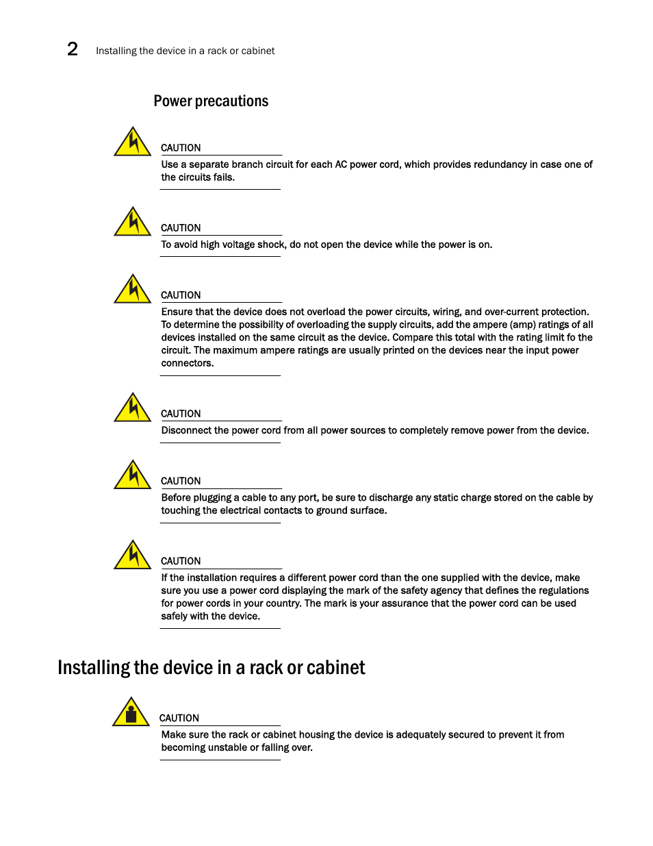 Power precautions, Installing the device in a rack or cabinet, The precautions in | Brocade ICX 7750 Hardware Installation Guide User Manual | Page 24 / 80