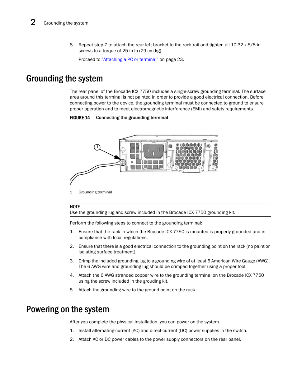 Grounding the system, Powering on the system | Brocade ICX 7750 Hardware Installation Guide User Manual | Page 28 / 80