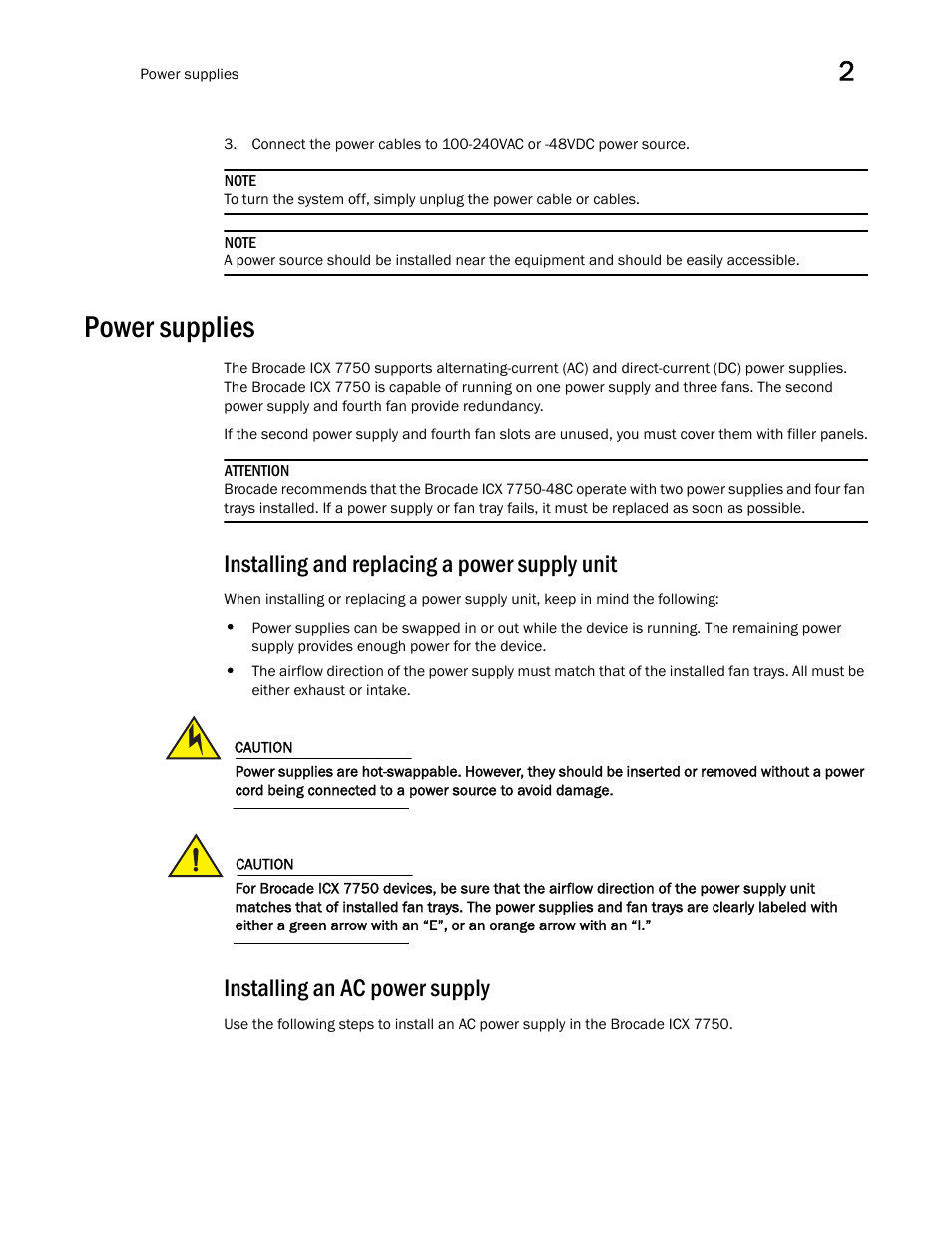 Power supplies, Installing and replacing a power supply unit, Installing an ac power supply | Brocade ICX 7750 Hardware Installation Guide User Manual | Page 29 / 80