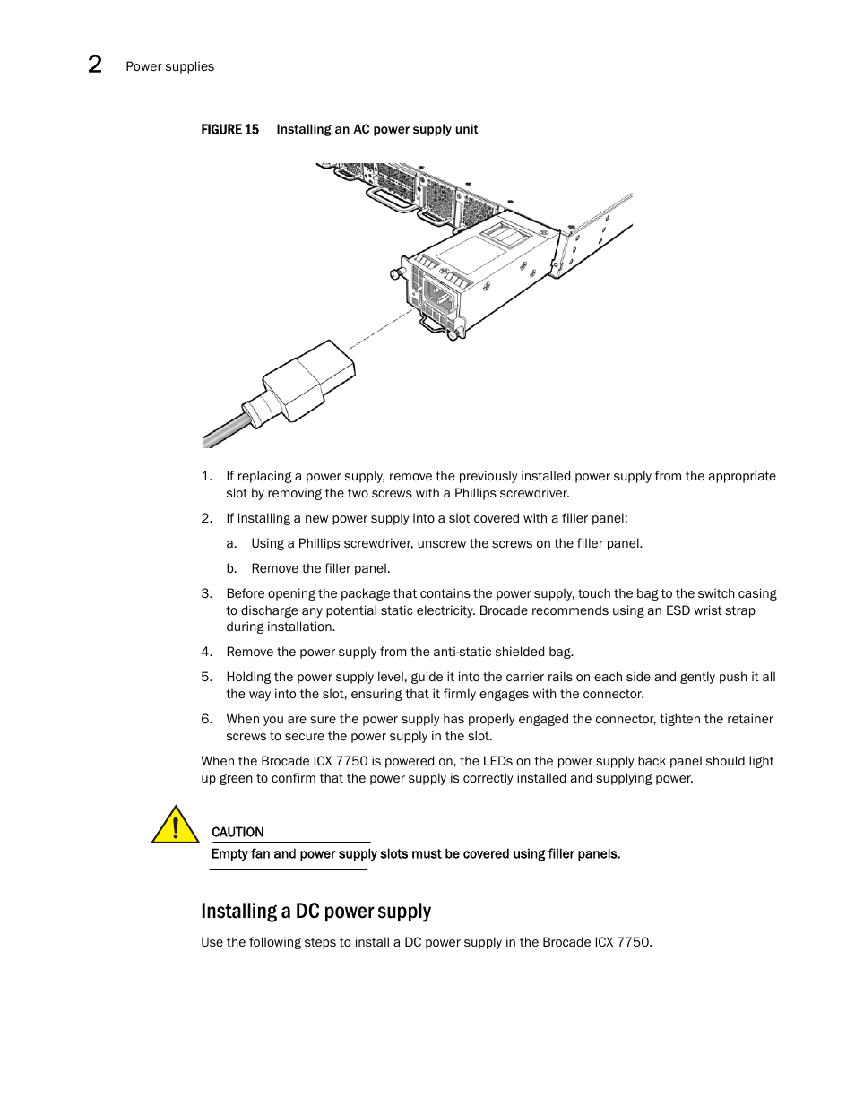 Installing a dc power supply | Brocade ICX 7750 Hardware Installation Guide User Manual | Page 30 / 80