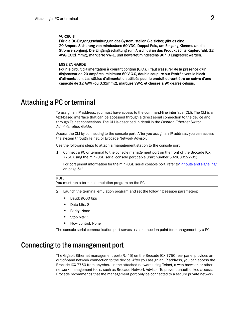 Attaching a pc or terminal, Connecting to the management port | Brocade ICX 7750 Hardware Installation Guide User Manual | Page 33 / 80
