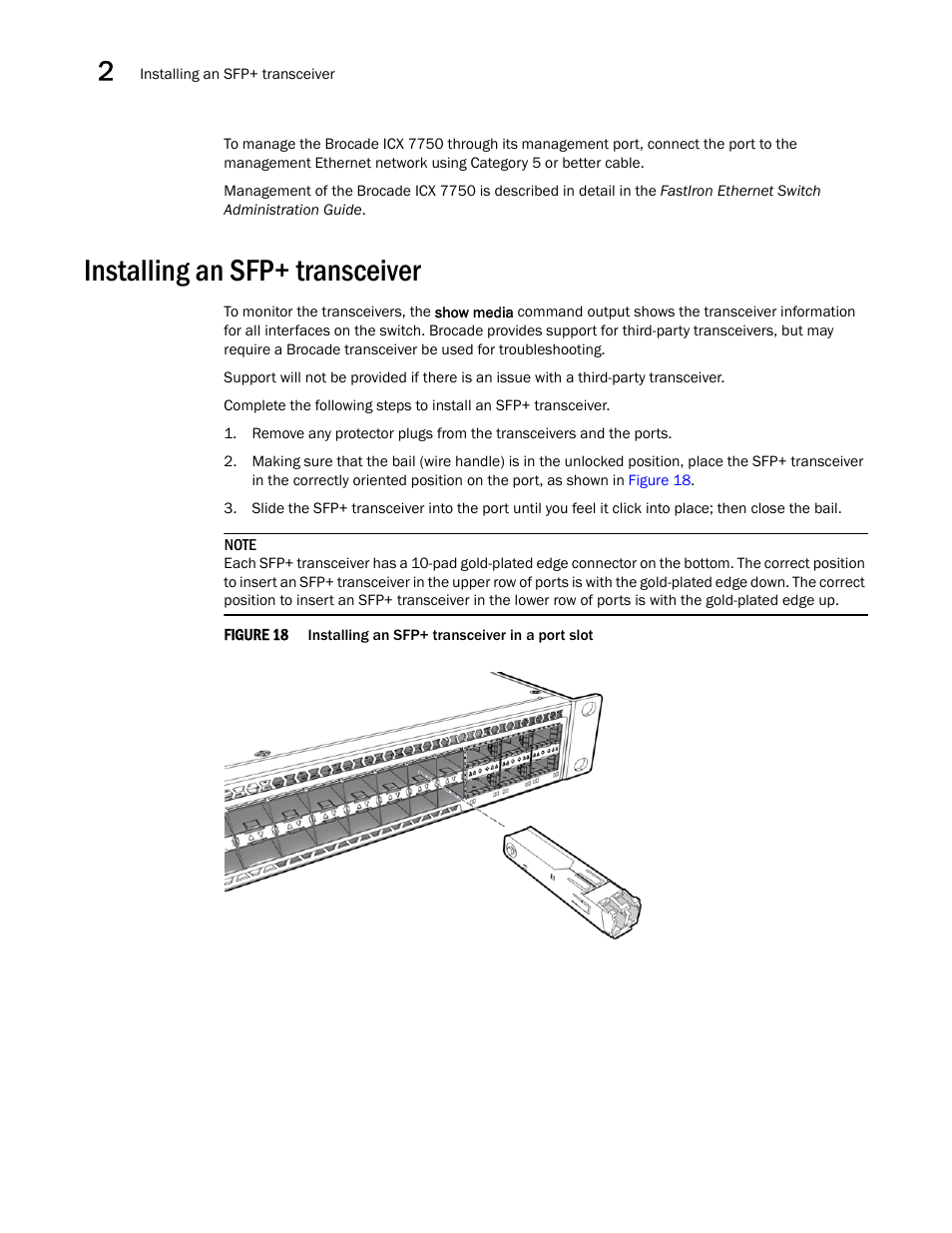 Installing an sfp+ transceiver | Brocade ICX 7750 Hardware Installation Guide User Manual | Page 34 / 80