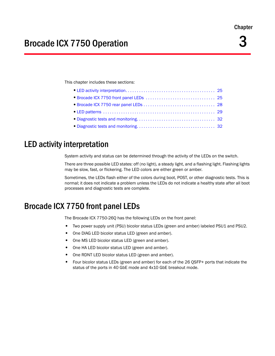 Brocade icx 7750 operation, Led activity interpretation, Brocade icx 7750 front panel leds | Chapter 3, Chapter 3, “brocade icx 7750 operation | Brocade ICX 7750 Hardware Installation Guide User Manual | Page 35 / 80