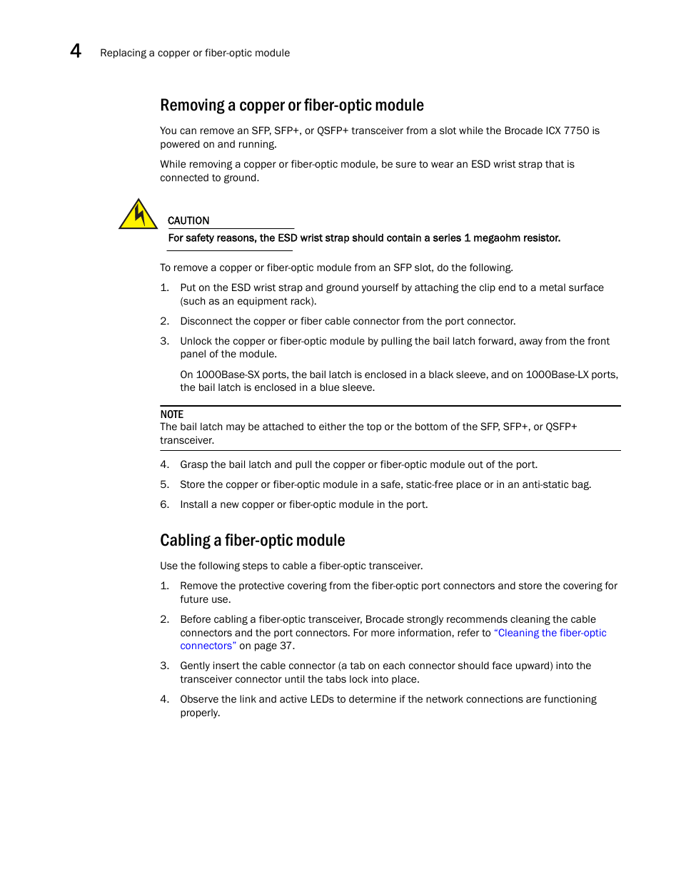 Removing a copper or fiber-optic module, Cabling a fiber-optic module | Brocade ICX 7750 Hardware Installation Guide User Manual | Page 46 / 80