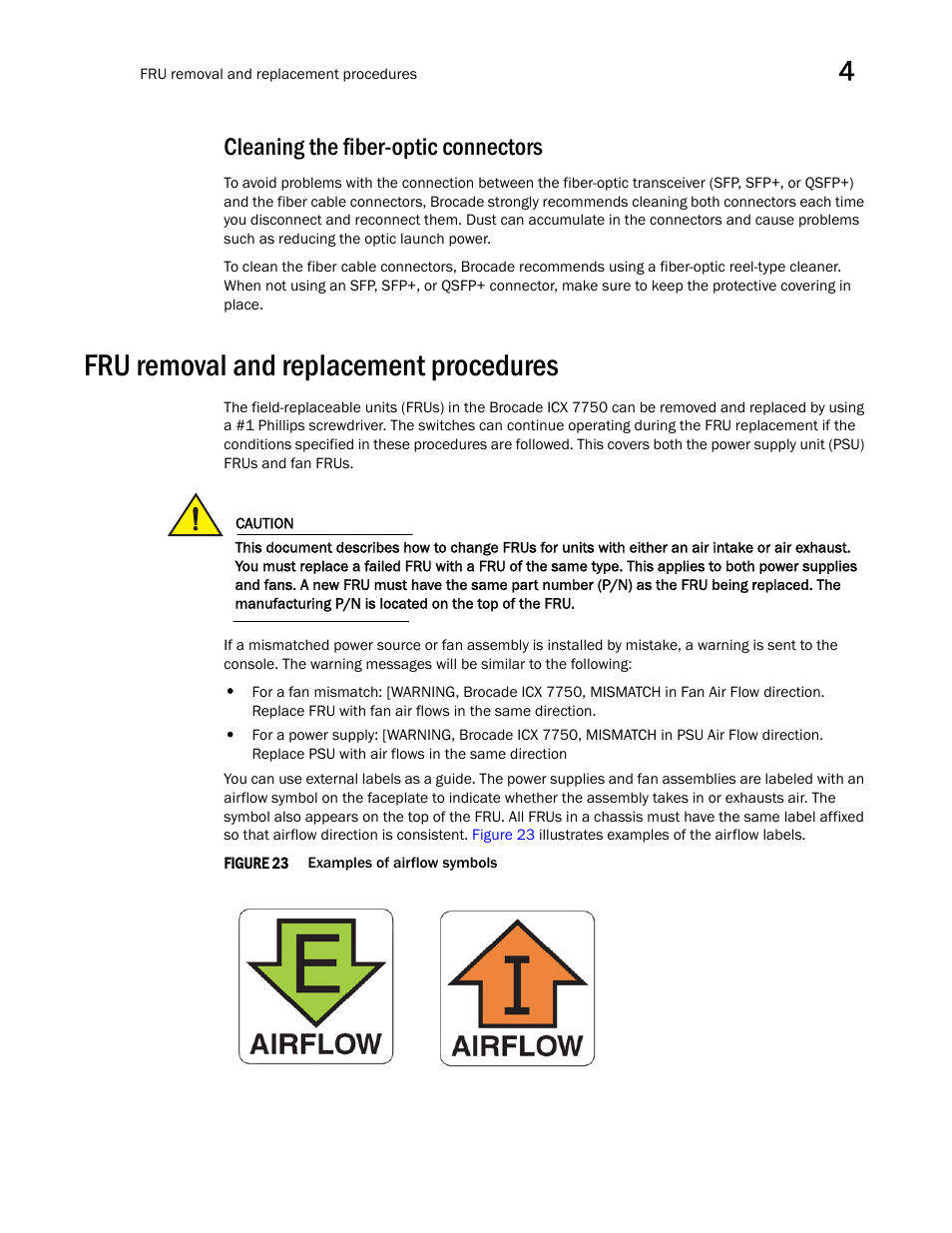 Cleaning the fiber-optic connectors, Fru removal and replacement procedures | Brocade ICX 7750 Hardware Installation Guide User Manual | Page 47 / 80