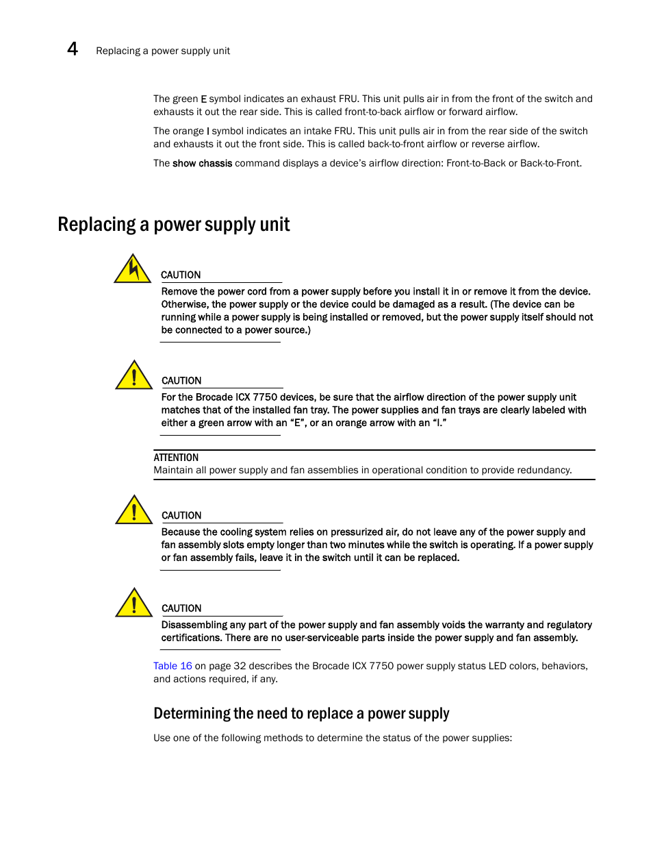 Replacing a power supply unit, Determining the need to replace a power supply | Brocade ICX 7750 Hardware Installation Guide User Manual | Page 48 / 80