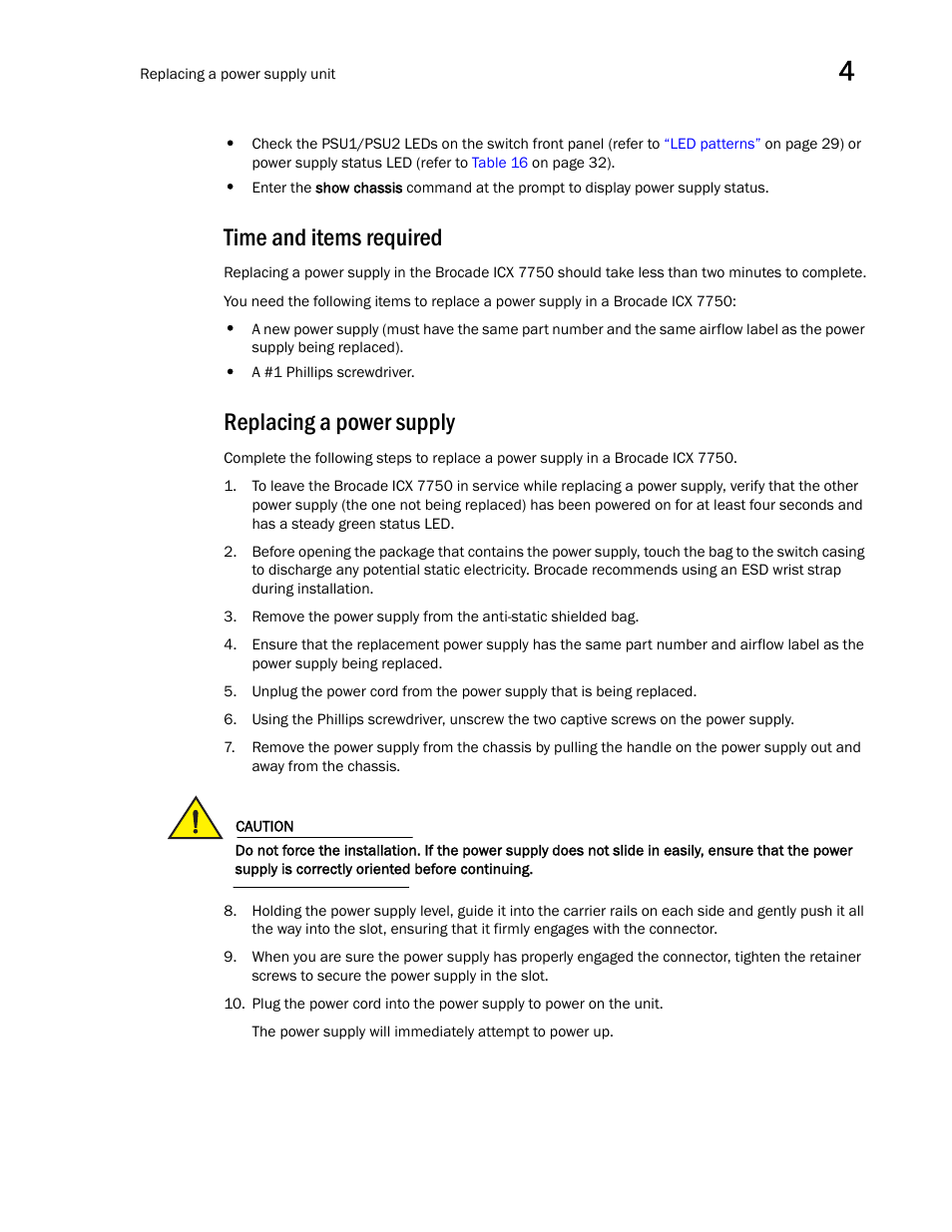 Time and items required, Replacing a power supply, Time and items required replacing a power supply | Brocade ICX 7750 Hardware Installation Guide User Manual | Page 49 / 80