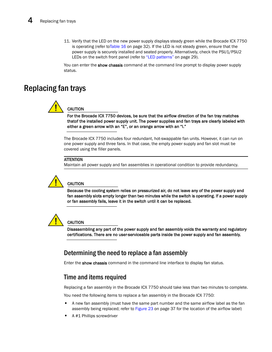 Replacing fan trays, Determining the need to replace a fan assembly, Time and items required | Brocade ICX 7750 Hardware Installation Guide User Manual | Page 50 / 80