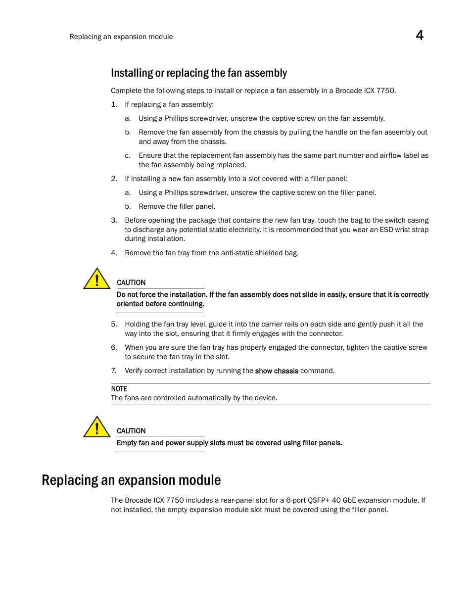 Installing or replacing the fan assembly, Replacing an expansion module, Replacing an | Expansion module | Brocade ICX 7750 Hardware Installation Guide User Manual | Page 51 / 80