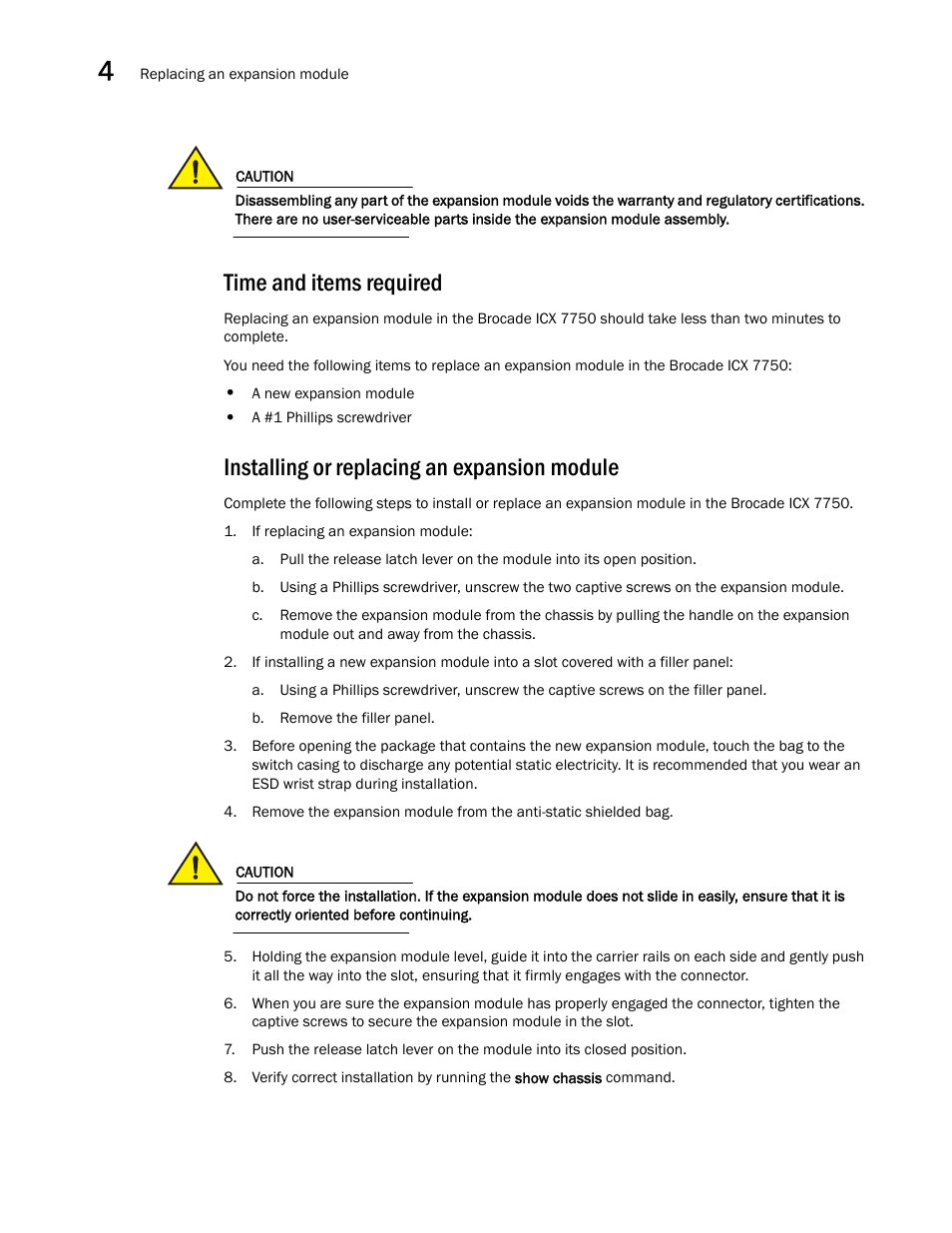 Time and items required, Installing or replacing an expansion module | Brocade ICX 7750 Hardware Installation Guide User Manual | Page 52 / 80