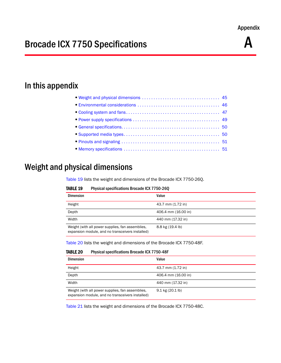Brocade icx 7750 specifications, In this appendix, Weight and physical dimensions | Appendix a, Appendix a, “brocade icx 7750 specifications, Appendix | Brocade ICX 7750 Hardware Installation Guide User Manual | Page 55 / 80
