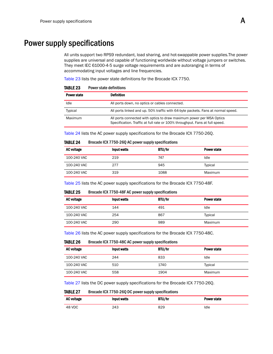 Power supply specifications | Brocade ICX 7750 Hardware Installation Guide User Manual | Page 59 / 80