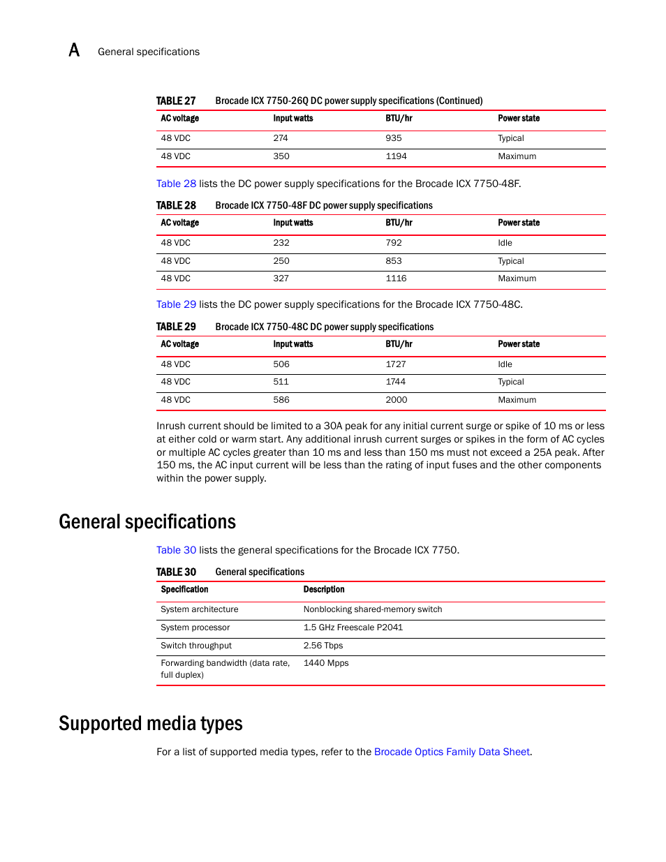General specifications, Supported media types | Brocade ICX 7750 Hardware Installation Guide User Manual | Page 60 / 80